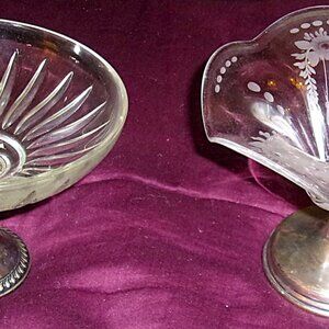 Pair Antique Sterling Silver Depression Glass Ornate Footed Compotes